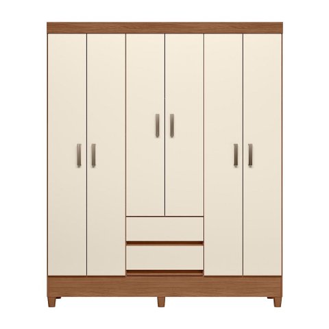 Guarda Roupa Roupeiro Solteiro 6 Portas 2 Gavetas Fit 6.2 c/ Pés Jequitibá Off White Santos Andirá