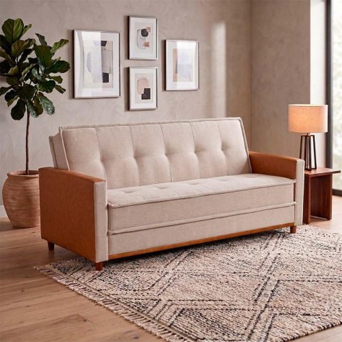 Sofá Cama Oryon 2,12m Linho Bege Reclinável com Baú - King House