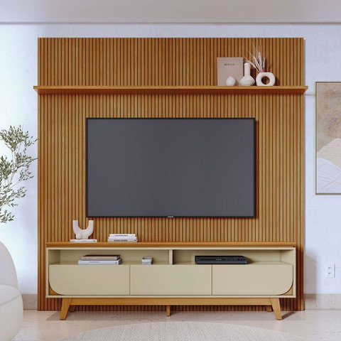 Painel Piso-Teto com Bancada Kit Luna 200cm MDP 3 Gavetas Telescópicas Cumaru e Opala Pallazio