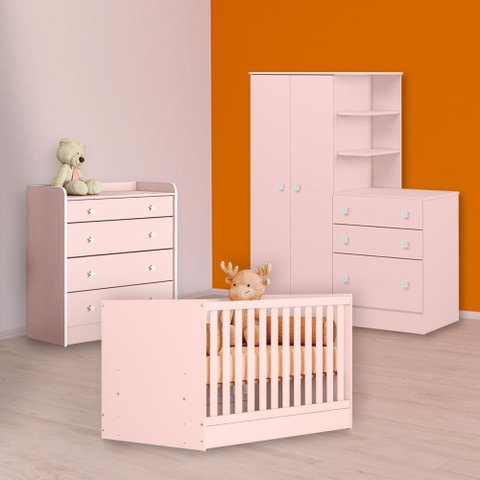 Conjunto Berço Mini Cama, Cômoda Trocador e Guarda Roupa C/ Cômoda Rosa