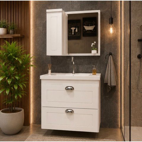 Kit Gabinete Banheiro 57cm com Cuba e Espelheira MDF 3 Pçs:Branco Brilho