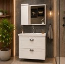 Ver imagem 1 de Kit Gabinete Banheiro 57cm com Cuba e Espelheira MDF 3 Pçs:Branco Brilho