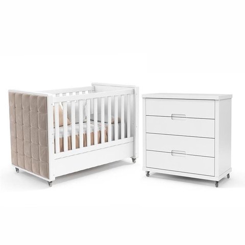 Jogo de Quarto Infantil Berço com Capitonê e Cômoda 4 Gavetas Tutto New Branco Soft - Matic Móveis