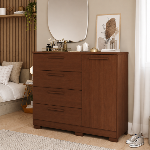 Cômoda Quarto Mavi 4 Gavetas Grandes 1 Porta com Pés 100 MDF Pm Home