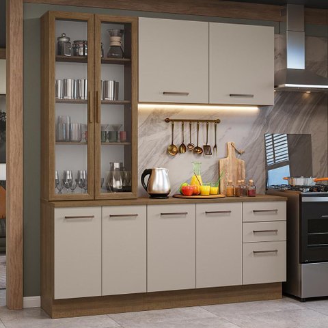 Armário de Cozinha Compacta 190cm com Cristaleira Agata Madesa Rustic Crema