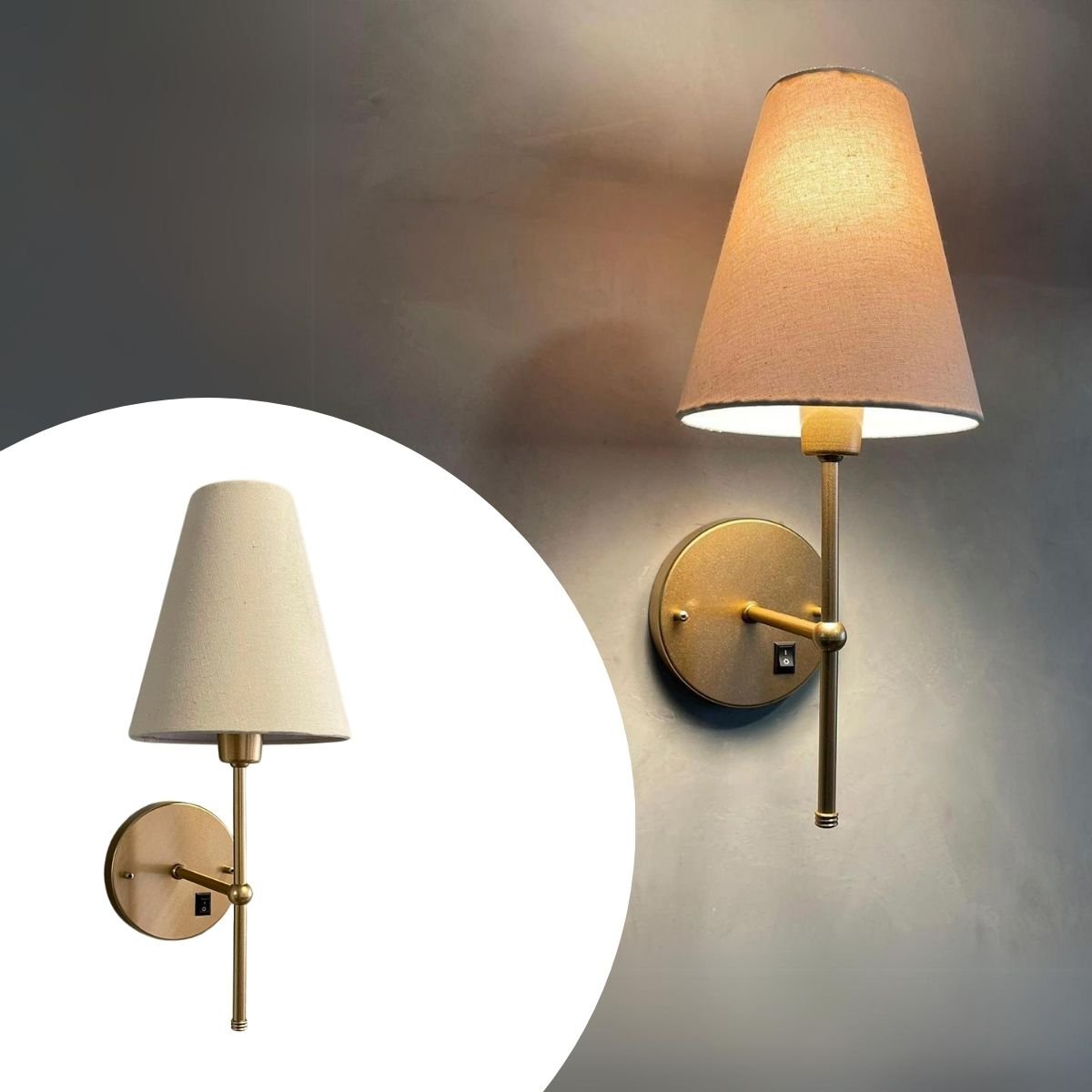 Arandela Luminaria de Parede Dourado com Interruptor Cupula Bege Tecido Algodao Bivolt
