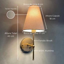 Arandela Luminaria de Parede Dourado com Interruptor Cupula Bege Tecido Algodao Bivolt - 2