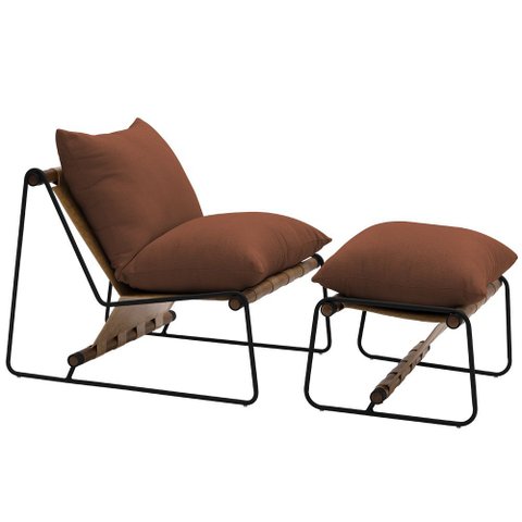 Kit Poltrona com Puff Turim Base Aço Preto Recouro Camel Linho Telha - Nexta Casa