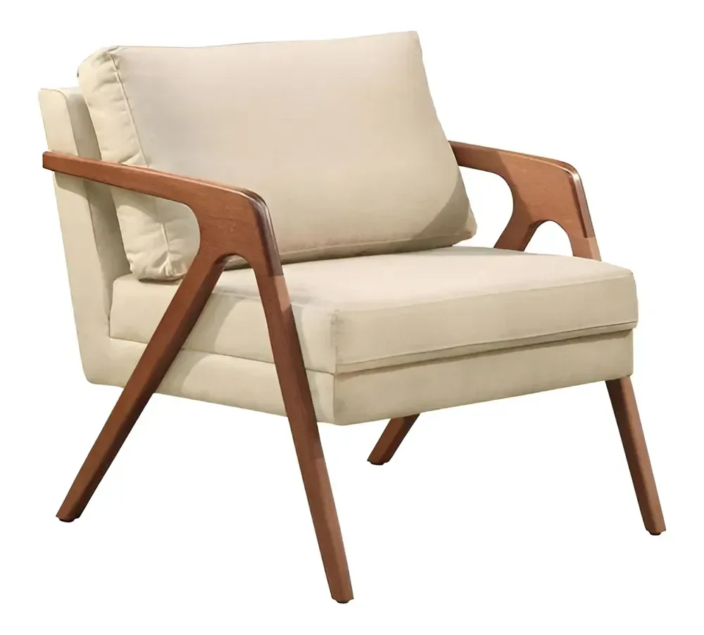 Poltrona Decorativa Mona Luxo Base de Madeira Maciça Sala Recepção Veludo Bege do Lar Móveis e Decor