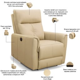Poltrona Retrátil Reclinável Elétrica para Sala Living Sillon L06 Couro Bege - Lyam Decor - 3