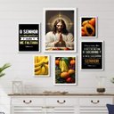 Ver imagem 1 de Composição 6 Quadros Cristãos para Cozinha- Jesus Alimentos - com Vidro:madeira Branca