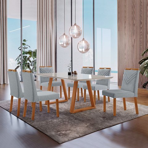Conjunto Sala de Jantar Mesa Viena Madeira Maciça 160x90cm Tampo Retângular Vidro Off White com 6 Ca
