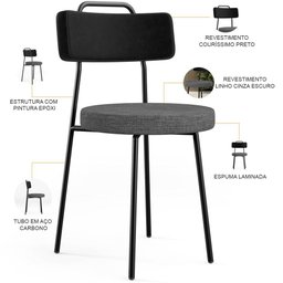Cadeira Decorativa Estofada Sala Jantar Barcelona L02 Couríssimo Preto Linho Cinza Escuro - Lyam - 4 Cadeira Decorativa Estofada Sala Jantar Barcelona L02 Couríssimo Preto Linho Cinza Escuro - Lyam - 4