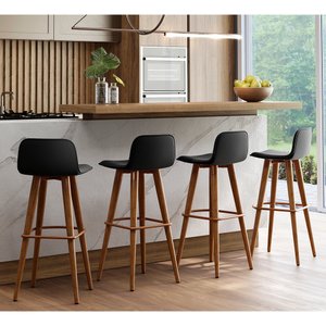 Kit 4 Banquetas Altas Luxo Linea Aço Cobre Linho Preto Base Carvalho