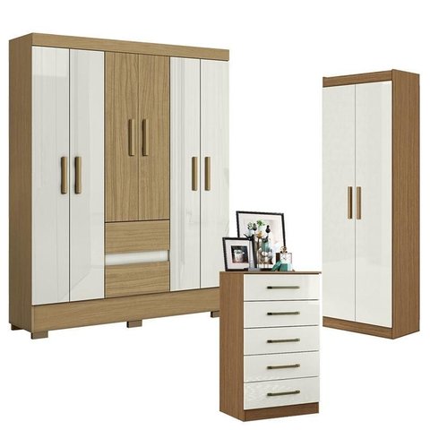 Guarda Roupa Casal Coimbra 2005138 com Armário Multiuso New 2000191 e Cômoda 2014140 Atacama Off Whi