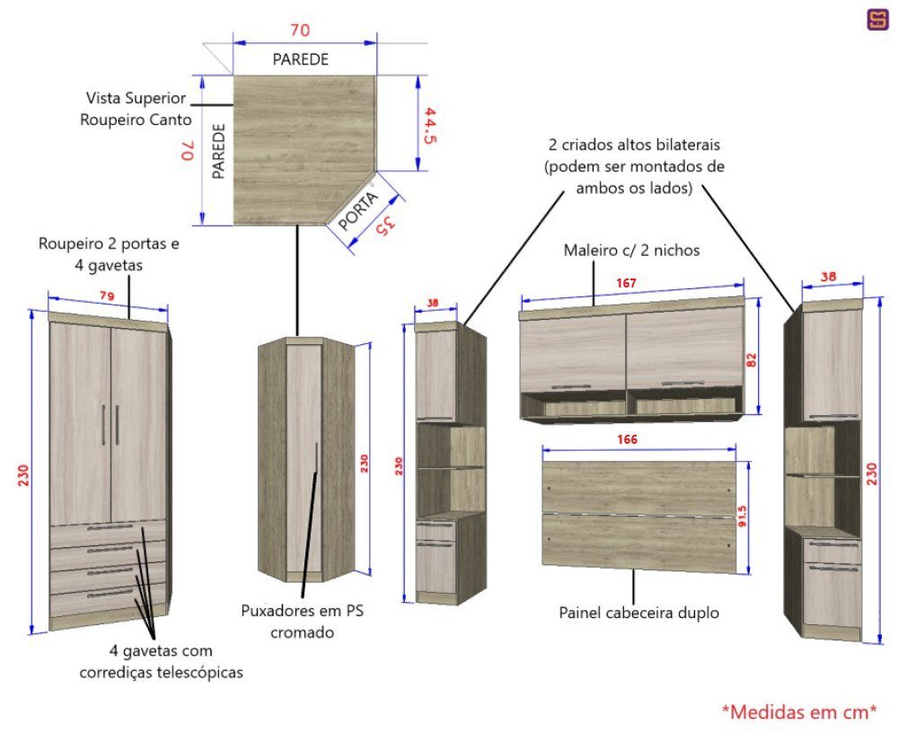 Guarda Roupa Dormitório Modulado Master Casal 1,58 m Queen Canto - Avelã Rústico e Ártico Rústico - - 2