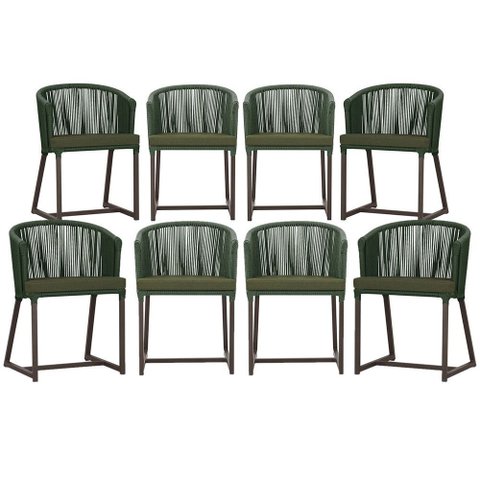 8 Cadeiras de Jantar Área Noronha em Alumínio com Pintura Marrom Corda Náutica Estofado 13 Trama Ori