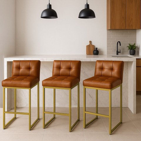 Banqueta Cozinha Alta com Encosto Industrial Kit 3 Dourado Lirina Pu C05 - D’Rossi