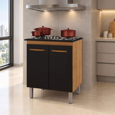 Balcão Cooktop Cozinha MDP 4 e 5 Bocas 2 Portas 75 cm Preto