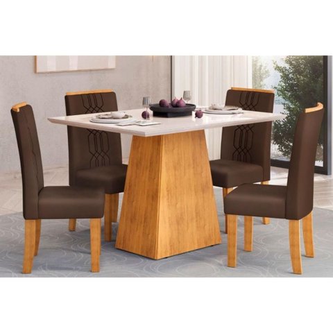 Conjunto: Mesa Sala Jantar Dulce Tampo Madeirado C/ Vidro Reto 120x90cm e 4 Cadeiras Zoe Cedro/off