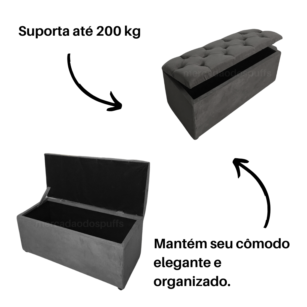 Bau Solteiro Capitonê Pé de Cama Decoração Guarda Objetivos Sapateira - Cinza - 3