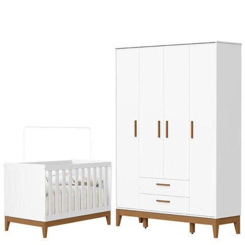 Guarda Roupa Infantil Flip 4 Portas com Berço Americano Flip Branco Acetinado - Reller