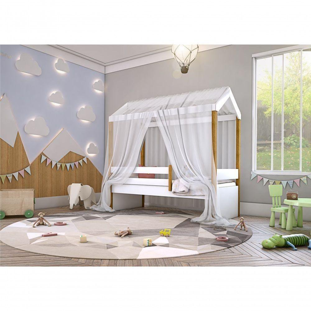 Cama Montessori Cabana Solteiro Com Dossel Branco - 2