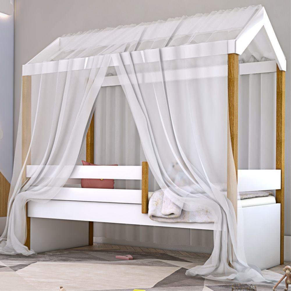 Cama Montessori Cabana Solteiro Com Dossel Branco - 4