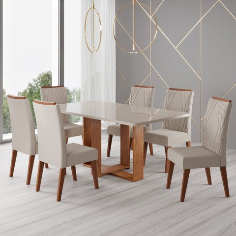 Conjunto Sala de Jantar Mesa 160x79,2cm Tampo com Vidro 6 Cadeiras Riviera Yescasa Bege/Mel/Off Whit