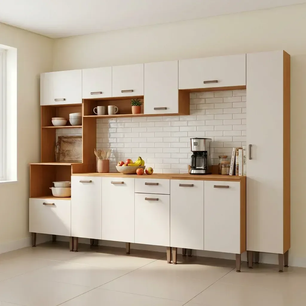 Ver imagem 1 de Cozinha Completa Modulada 6 Peças 100% MDF com Paneleiro Torre Quente e Balcão para Pia Essência Freijo/White Laca Bege