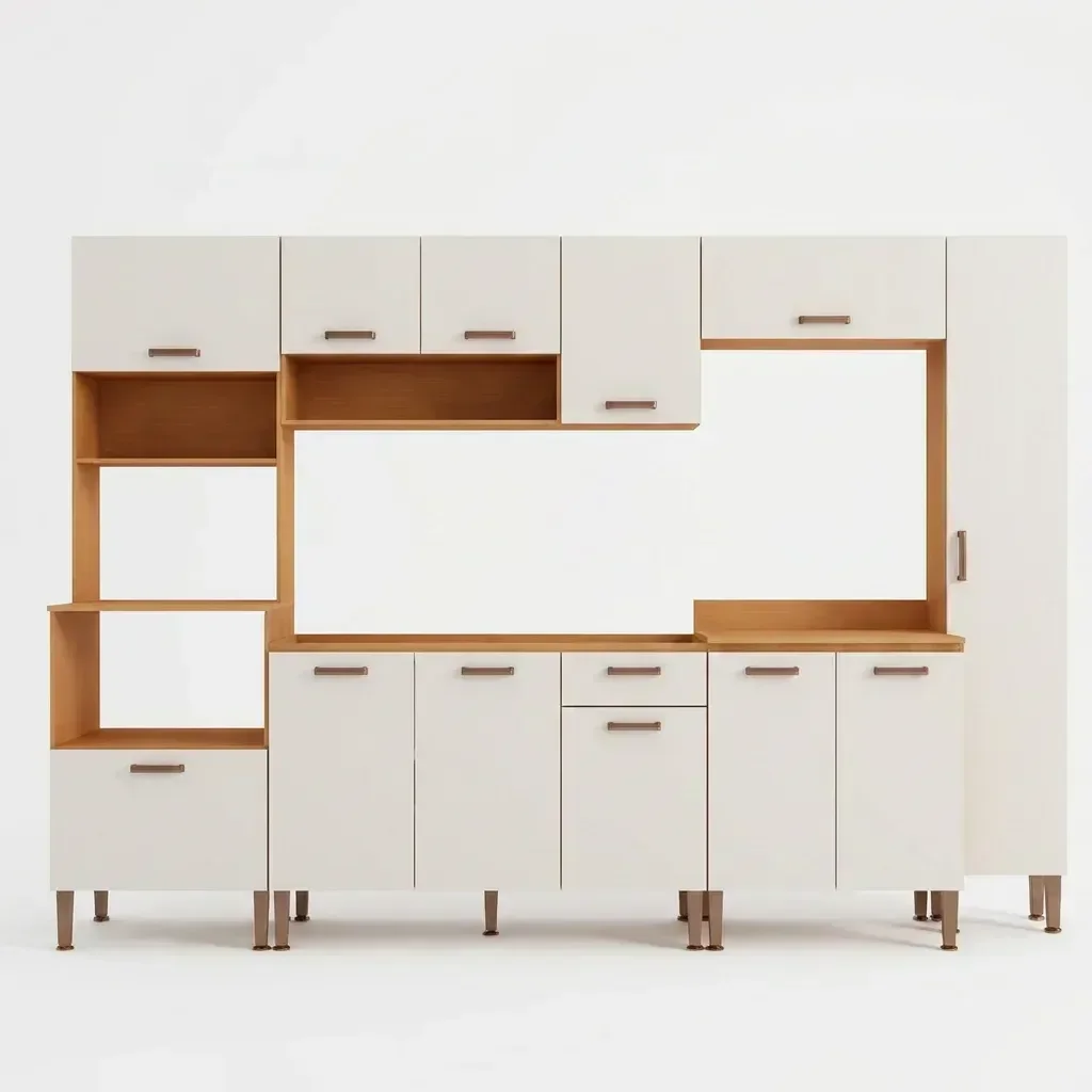 Ver imagem 4 de Cozinha Completa Modulada 6 Peças 100% MDF com Paneleiro Torre Quente e Balcão para Pia Essência Freijo/White Laca Bege