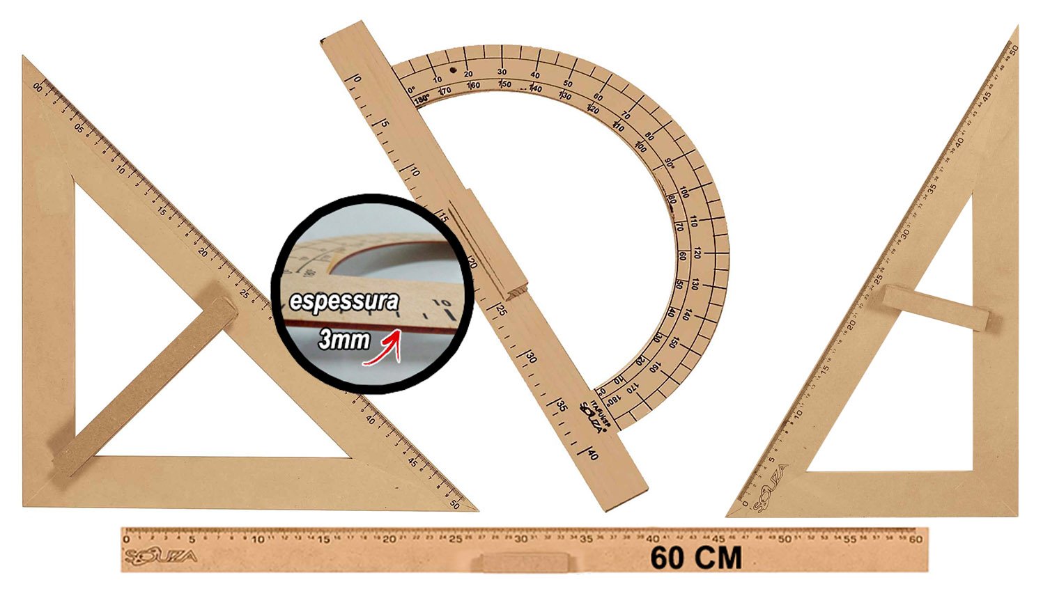 Kit Geométrico do Professor Mdf Com Régua 60 cm 1 Esquadro 30/60 Graus 1 Esquadro 45 Graus e 1 Trans