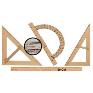 Kit Geométrico do Professor Mdf Com Régua 60 cm 1 Esquadro 30/60 Graus 1 Esquadro 45 Graus e 1 Trans