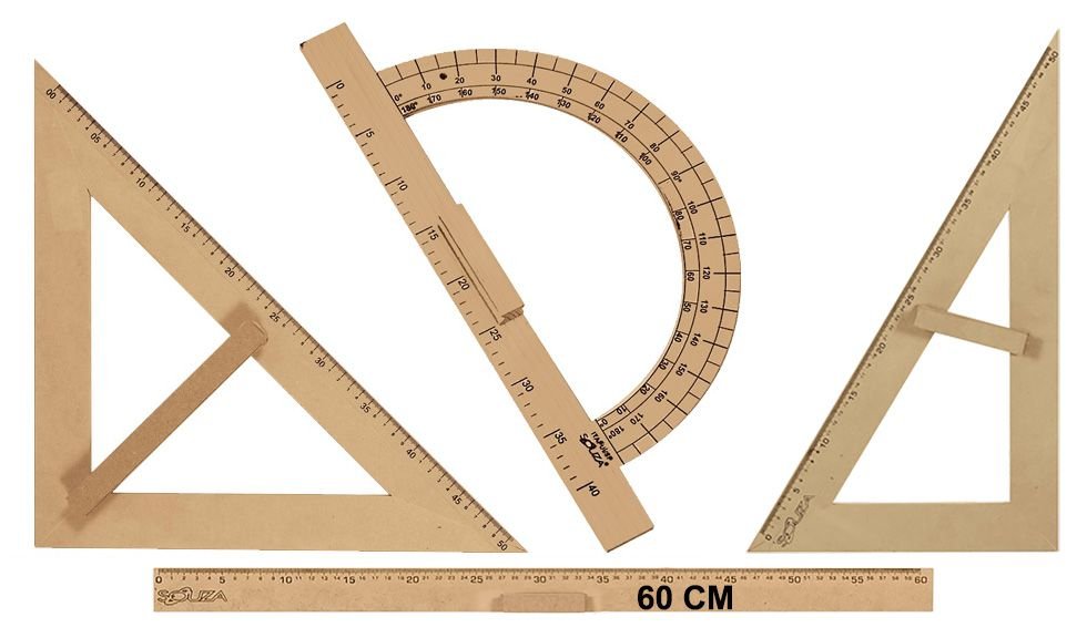 Kit Geométrico do Professor Mdf Com Régua 60 cm 1 Esquadro 30/60 Graus 1 Esquadro 45 Graus e 1 Trans - 7