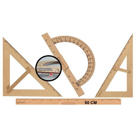Kit Geométrico do Professor Mdf com Régua 60 Cm 1 Esquadro 30/60 Graus 1 Esquadro 45 Graus e 1 Trans