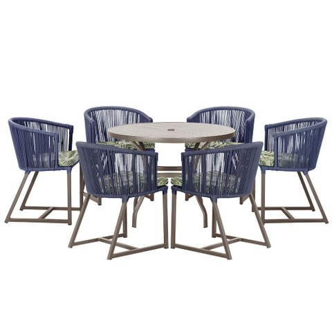Mesa com 6 Cadeiras de Jantar Roma 120cm e Noronha em Alumínio Marrom Corda Náutica Estofado 5 Trama