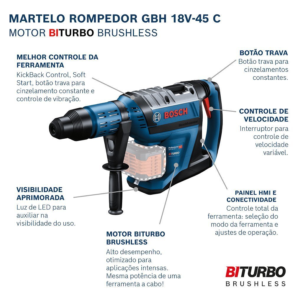 Martelo Perfurador Bosch GBH 18V-45C Sem baterias e carregador - 7