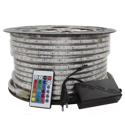 Mangueira Fita Led Rgb 100 Metros Achatada Efeito 220v Ip66 Externa + Controle + Fonte