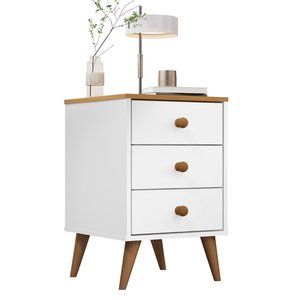 Mesa de Cabeceira 3 Gavetas Mdf Retro Pés em Madeira Agata:branco Nature