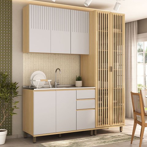 Cozinha Compacta 100 MDF 3 Peças com Cristaleira 190cm Aura Luciane Móveis