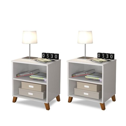 Kit 2 Criados de Cabeceira Retro Pes Palito 2 Nichos Branco