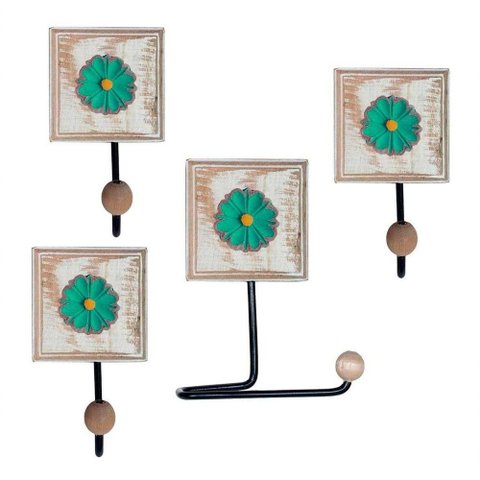 Kit para Banheiro com 3 Toalheiros e 1 Porta Papel Higiênico Rustico Flor Branca Cor Verde