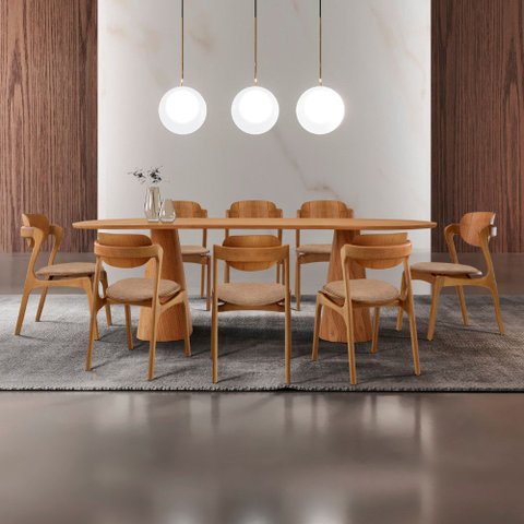 Sala de Jantar Mesa Noronha 220cm Tampo Laminado Canto Barril com 8 Cadeiras Solaris Gold