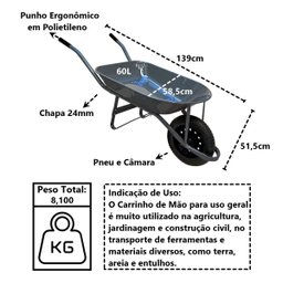 Carrinho de Mão em Aço Carbono Pneu e Câmara Chapa 24mm 60l Minasul - 4