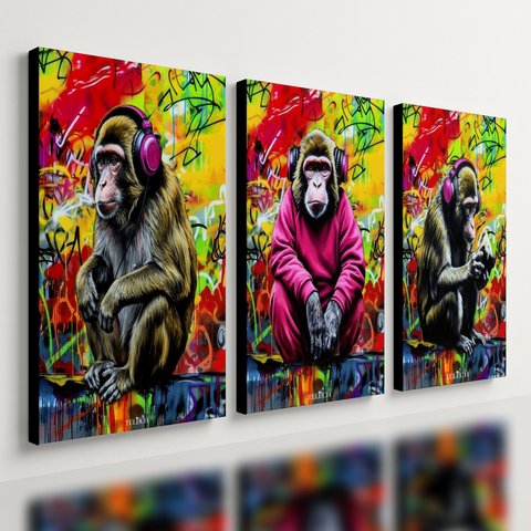 Kit 3 Quadro Decorativo Macaco Graffiti Colorido Premium Quarto Qualidade Premium 28x20cm