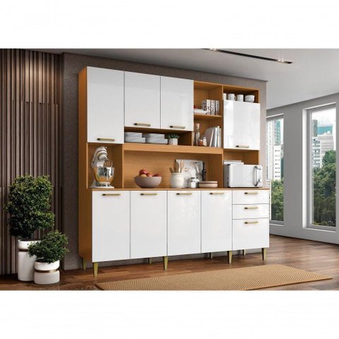 Kit Cozinha Mega 9 Portas 2 Gavetas MDF MDP 208cm Cinamomo Mega Madeira