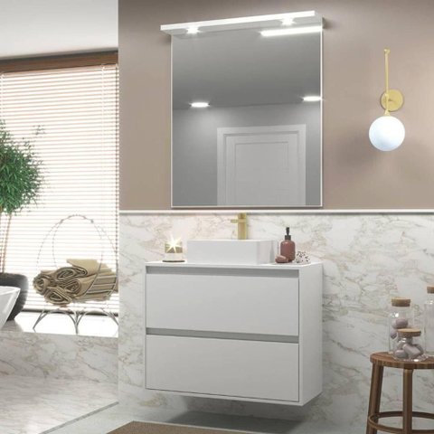 Gabinete para Banheiro com Cuba e Espelheira com Led 80cm Mdf Branco Dubai - On Móveis