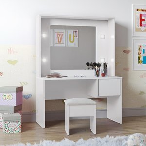 Penteadeira Infantil Diana Com Espelho Led E Banqueta Branco