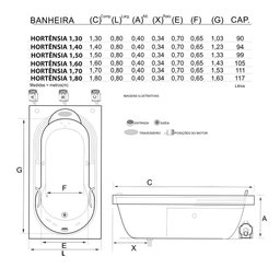 Banheira Retangular Hortênsia Completa com Hidro em Acrílico - 220v - 2