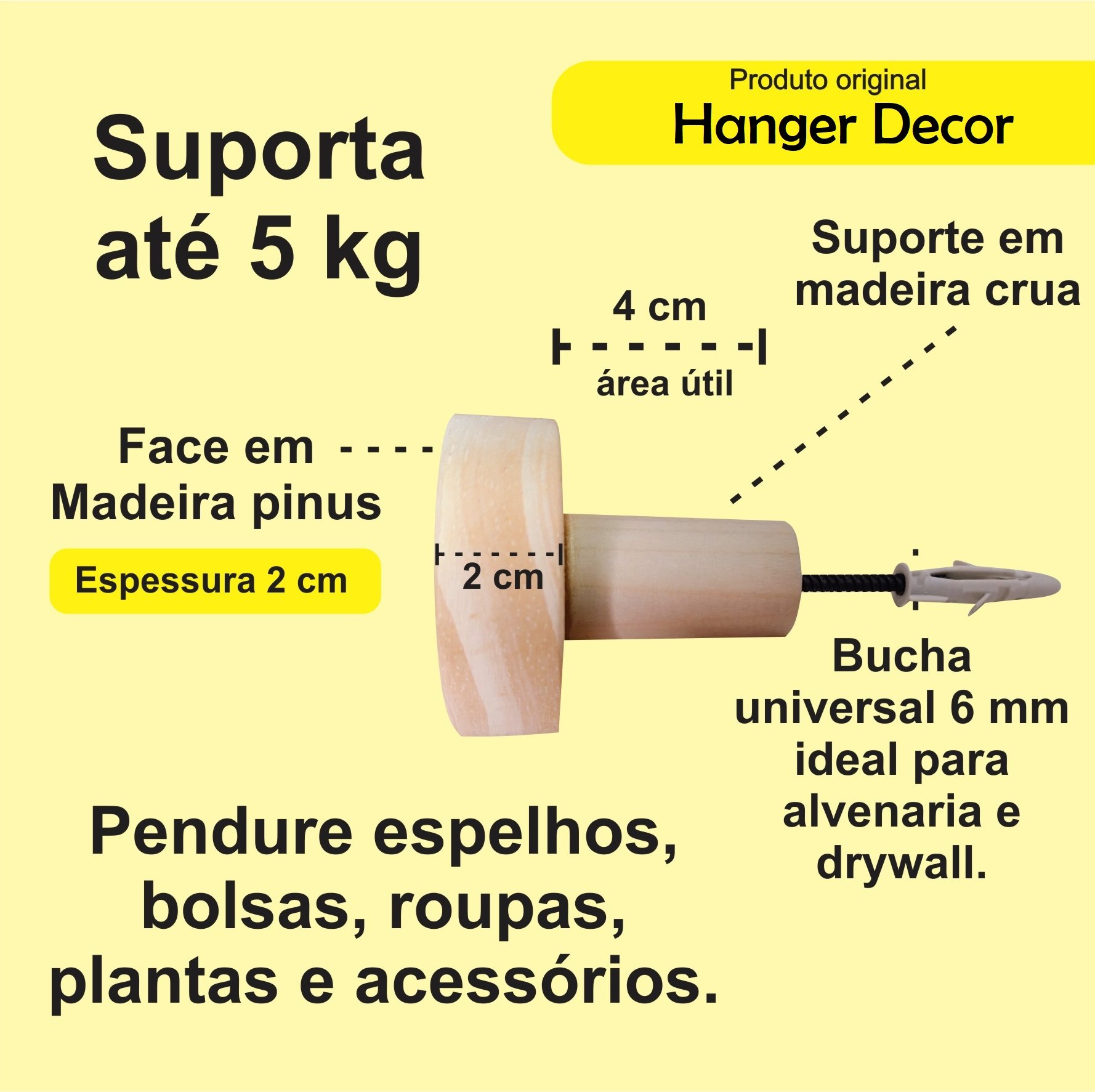 3 Ganchos Penduradores de Parede em Pinus 20mm Bola:Pinus - 4